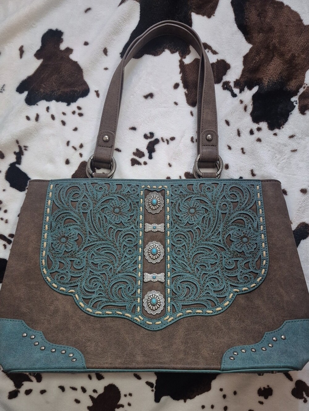 NWOT Montana West Brown and Teal Floral Tooled Shoulder Tote with Concho Detail